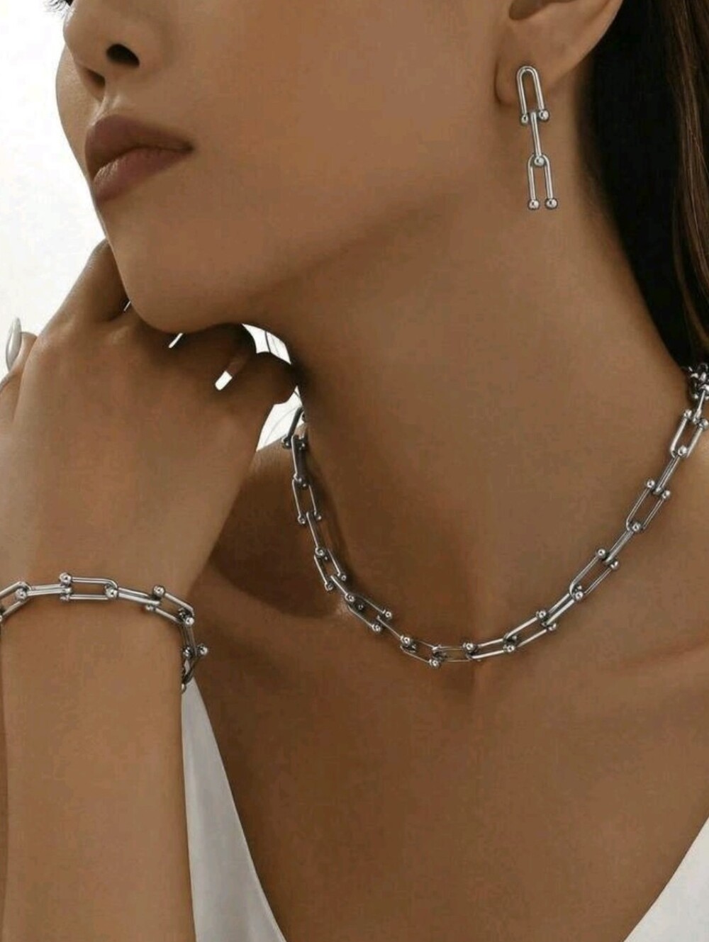 Silver Link Chain Necklace, Bracelet & Earrings Set